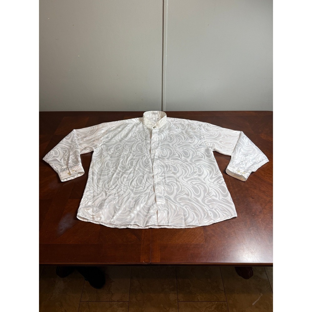 Cassel Mens White Swirl Jacquard Mandarin‎ Collar Satin Dress Shirt XXL 18-18.5